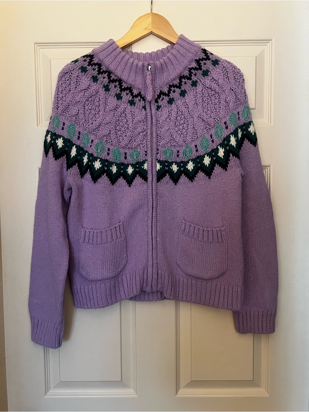 Talbots Lavender Cable-Knit Zip Fair Isle Cardigan Sweater